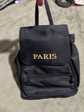 Paris Hilton Black Nylon Backpack with Gold 'PARIS' Embroidery
